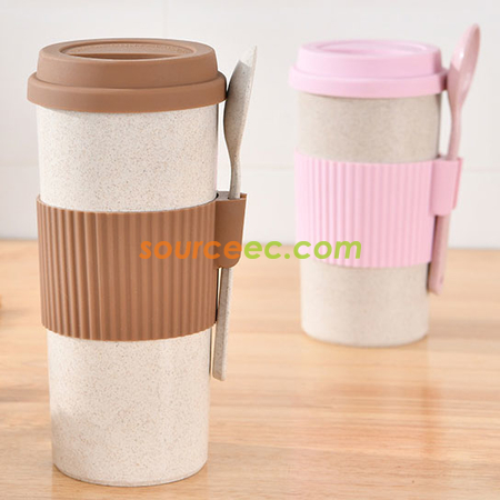 Customization 350ML Wheat Straw Coffee Cup with Spoon Corporate Gifts
