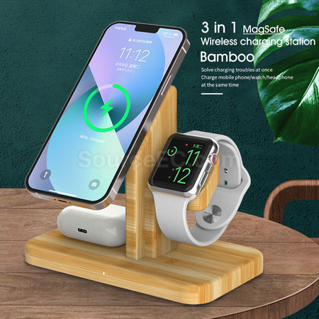 Customization Bamboo Wood Three-In-One Magnetic Charging Stand Corporate Gifts