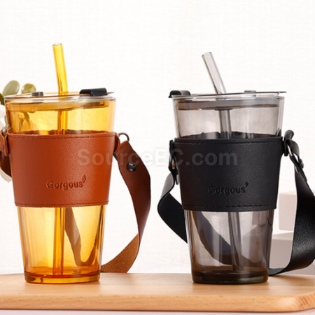 Customization Straw glass cup with lid leather cover handle Corporate Gifts