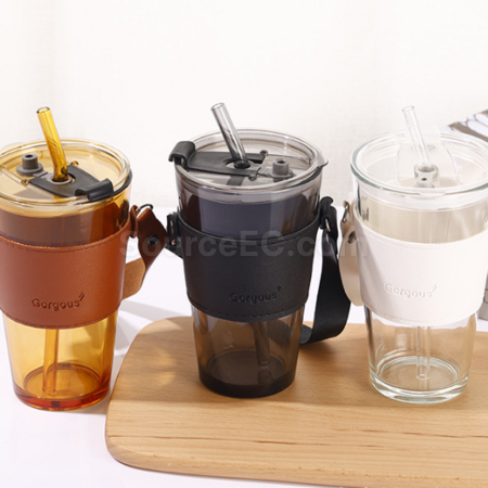 Customization Straw glass cup with lid leather cover handle Corporate Gifts