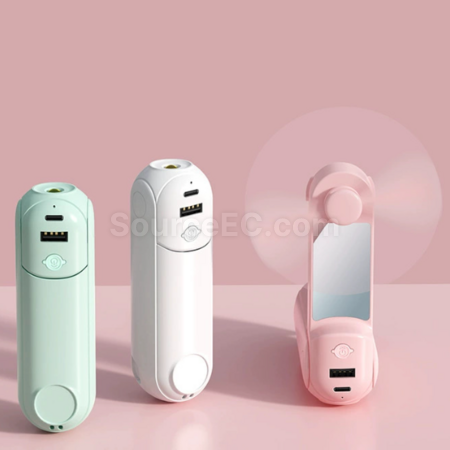 Five-in-one power bank with mirror, flashlight, stand, and mini fan