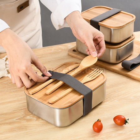 Customization 304 Stainless Steel Bamboo Lid Lunch Box Corporate Gifts