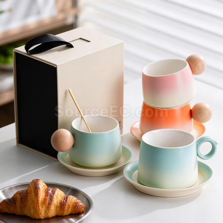  Gradient Ceramic Coffee Cup Gift Box with Wooden Handle