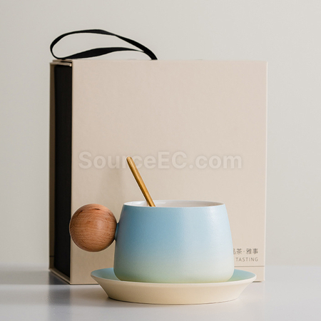 Customization  Gradient Ceramic Coffee Cup Gift Box with Wooden Handle Corporate Gifts