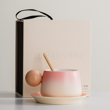 Customization  Gradient Ceramic Coffee Cup Gift Box with Wooden Handle Corporate Gifts