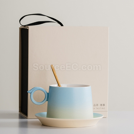 Customization  Gradient Ceramic Coffee Cup Gift Box with Wooden Handle Corporate Gifts